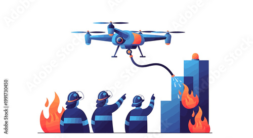 Innovative unmanned aerial vehicle collaborating with emergency services to combat a building fire, showcasing modern solutions for urban rescue and disaster management