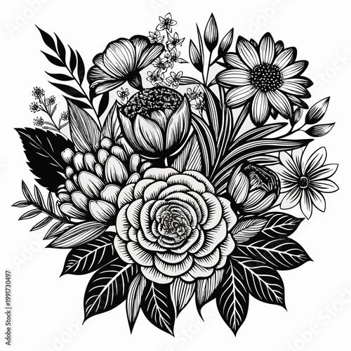 A flower coloring page with leaves and flowers