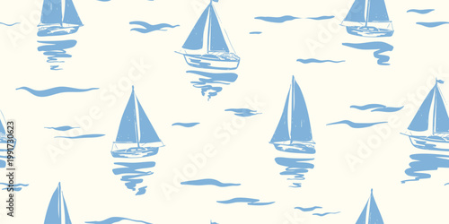Seamless nautical pattern with hand drawn blue sailing boats and waves