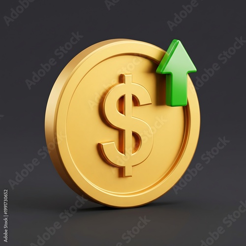 A gold coin with a dollar sign and an upward arrow symbolizing financial growth