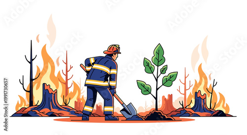 Firefighter planting a sapling amidst a scorched forest, symbolizing reforestation and environmental recovery after a wildfire event