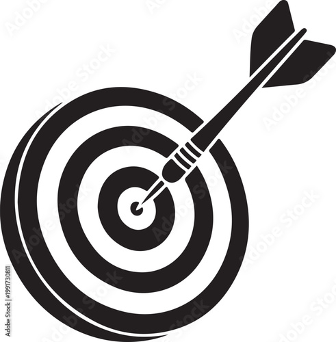 An arrow hitting the bullseye of a target with concentric circles silhouette vector icon