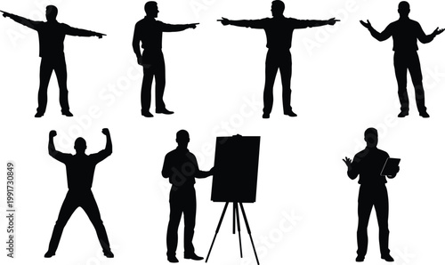 Man silhouettes set with gestures, pointing, presenting and expressive poses, black shadow figures, communication and body language concept, isolated illustration design