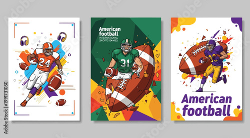 American football posters set with players in action international sports games flyers with athletes running with ball colorful abstract geometric backgrounds for sport event