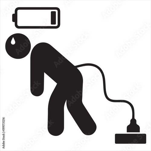 Silhouette of tired man with low battery icon isolated on white background. Concept of fatigue, burnout, exhaustion, energy depletion, stress overload, mental health awareness