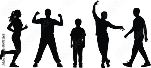 People activity silhouettes set, running, walking, dancing and fitness poses, men, women and child figures, black shadow characters, active lifestyle concept illustration