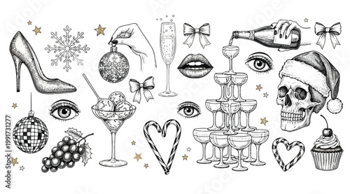 Festive new year and christmas party elements collection hand drawn sketches of champagne, skull in santa hat, high heel shoe, disco ball, and sweets holiday celebration design set