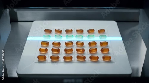 An inspection camera scans capsules on a testing plate checking color and shape consistency at an automated diagnostic station