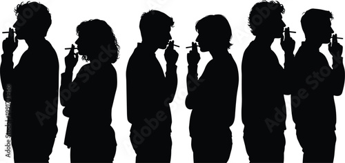 People smoking silhouettes with cigarettes, unhealthy habit, addiction and lifestyle concept, nicotine consumption, health risk awareness, human behavior illustration set isolated