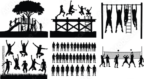 Foto Silhouette collection of children playing, jumping, climbing and group activitie