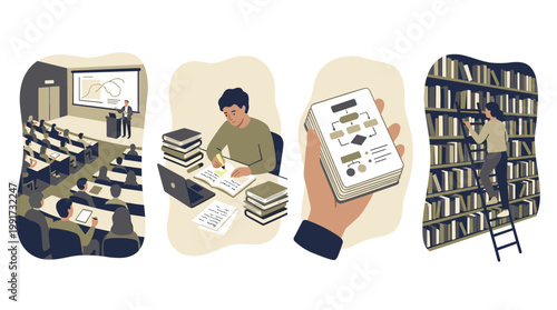University education vector set: lecture hall, student studying, library interior, and learning flashcards.