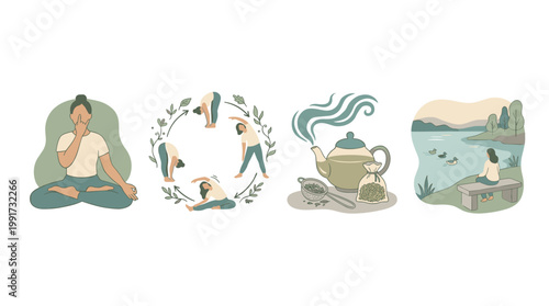 Holistic wellness vector illustrations: breathwork practice, stretching sequence, herbal tea, and calming nature lake.
