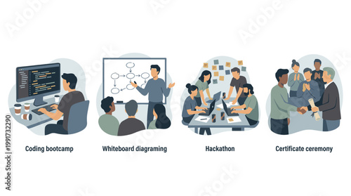 Coding Bootcamp, Whiteboard Diagramming, Hackathon Team, and Certificate Ceremony: Tech Education Flat Vector Illustrations
