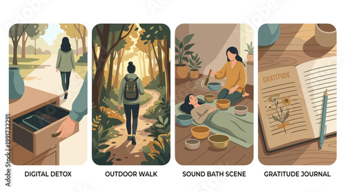 Wellness and self-care lifestyle illustrations: digital detox, nature walk, sound bath, and gratitude journaling