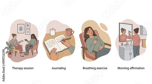 Four mental health illustrations in row: therapy session, journaling, breathing exercises, and morning mirror affirmations.