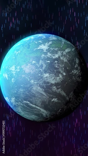 Vertical video: Clip playing, Earthlike planet rotating and neon streaks descending for tech design