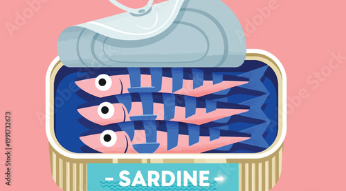 Open tin can of sardines in blue oil on a pink background vector illustration of canned fish