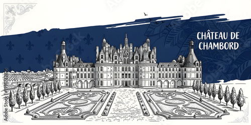 Artistic Château de Chambord Wall Art: Hand-Drawn Line Illustration of the French Landmark with Deep Blue Watercolor Accents, Loire Valley Details, and Elegant Renaissance Architectural Sketch.
