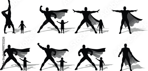 Superhero father and child silhouettes with cape, parenting inspiration, protection and strength concept, family bonding, imagination and hero role model illustration set