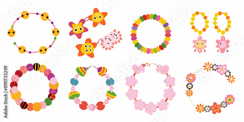 Colorful beaded necklaces and bracelets arranged on a white background