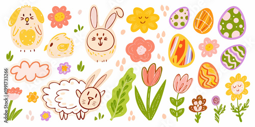 A colorful collection of easter eggs bunnies chicks and spring flowers
