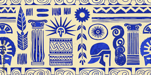 Ancient greek motifs and patterns in a seamless blue and cream design
