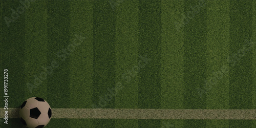 Soccer Ball On Lined Grass Field Corner Close-Up With Striped Mown Pitch Texture