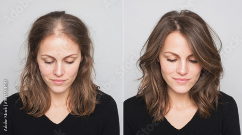 A before and after comparison showing a woman with thin hair transformed to fuller, voluminous hair.
