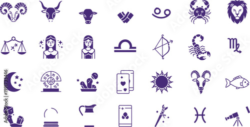 Collection of icons representing zodiac signs and astrology related symbols Vector