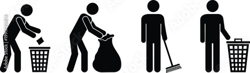 Waste management process illustration showing cleaning activities, garbage disposal, sanitation workflow, environmental hygiene, janitor duties, recycling concept, maintaining cleanliness in public 