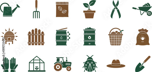Collection of gardening and farming essential tools and accessories Vector