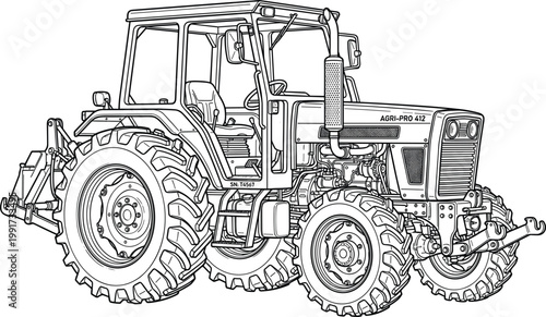 Agricultural tractor line art illustration, detailed farming vehicle with rugged tires and machinery for rural agriculture and heavy equipment concept