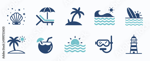 Summer Beach Icon Set, Tropical Coast Ocean Wave with Palm Trees, Coconut, Lighthouse, Dive Mask, Surfboard and Sea Sunset Signs, Two Color Style, Minimal Travel Vector Illustration Collection
