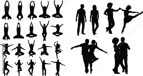 Yoga and dance silhouettes collection, flexible poses and couple dancing figures, black shadow people, fitness movement set, isolated lifestyle illustration concept