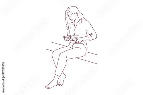 Coloring page of a woman giving herself a medical injection. Black and white line art for diabetes management or IVF hormone treatment education.