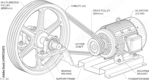 Belt drive motor system technical illustration, mechanical power transmission setup with pulleys shaft and electric motor for industrial engineering concept