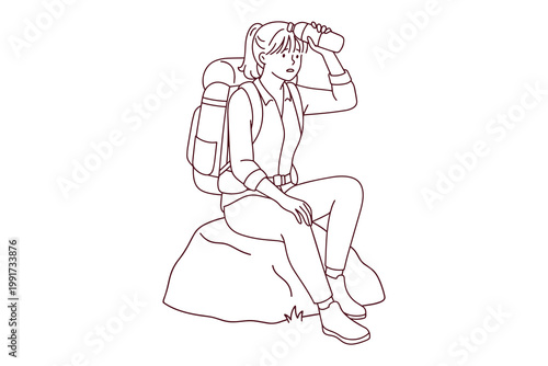 Coloring page of a tired hiker sitting on a rock cooling her forehead with water. Black and white line art for travel adventure and fitness themes.