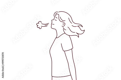 Coloring page of a woman exhaling or breathing deeply. Black and white line art for meditation, mindfulness, and healthy lung function education.