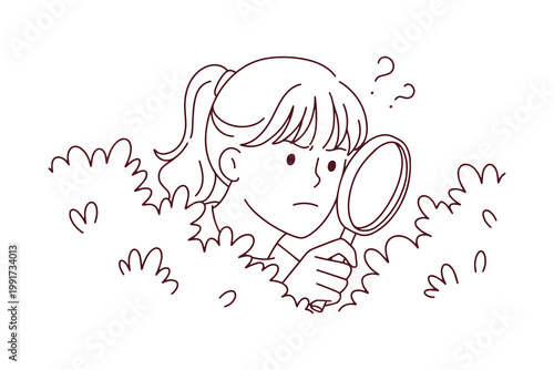 Girl using a magnifying glass to look through bushes. Concept of biological research, nature study, spying, or private investigation line art for coloring.