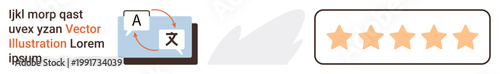Language learning, translation tools, customer reviews, quality rating, communication services, multilingual apps. Speech bubble with A and character icon and five-star rating. Language learning