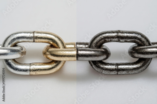 Close-up of connected metal chain links on a light background.