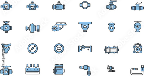 Illustrated collection of pneumatic and hydraulic valve components and actuators Vector