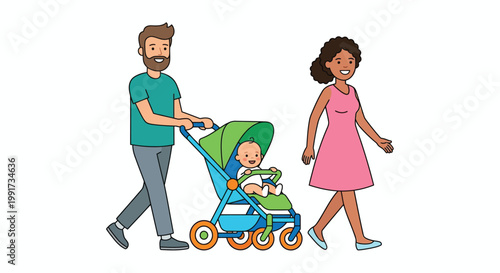 Cartoon family stroll a happy couple with a baby in a pram