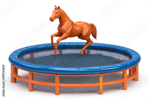 Orange horse on a blue trampoline on a white background.