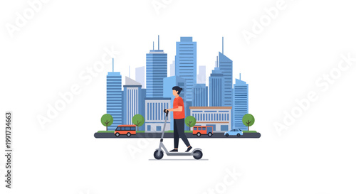Person riding electric scooter in front of city skyline
