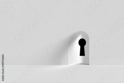 White keyhole on a minimalist light background. Space for text.