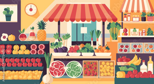 Vibrant fruit and vegetable market stand with colorful produce
