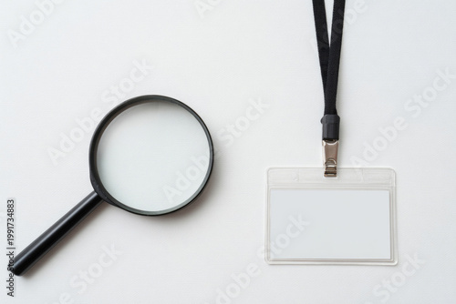 Magnifying glass and blank badge on a string on a white background. Space for text.