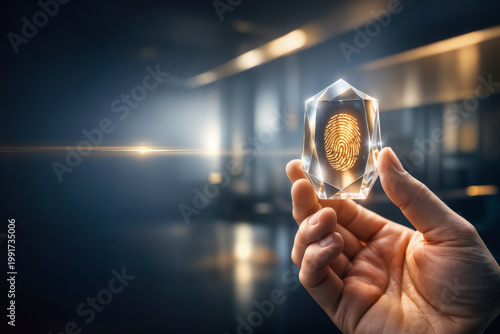 Human-Made tax credit concept crystal prism with embedded golden fingerprint held by hand symbolizing human premium artisan tech creative ethics and labor value choice of human vs AI in marketing