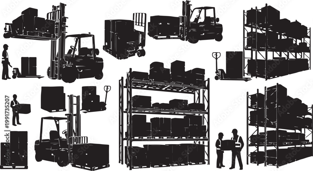 Obraz premium Warehouse Storage and Logistics Silhouette Illustrations Set